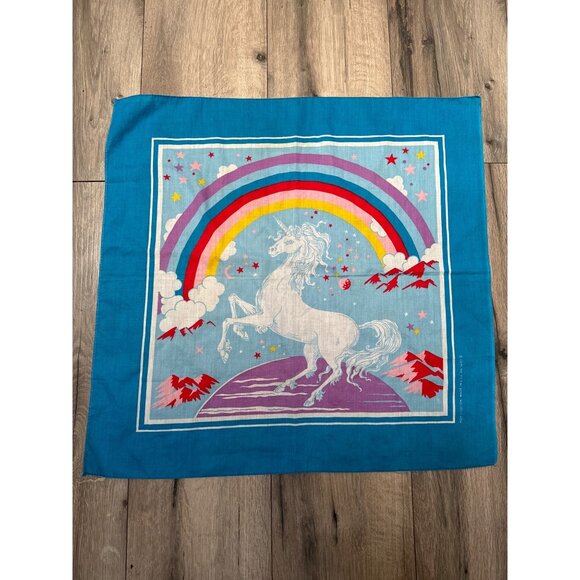 Vintage Poly/Cotton Unicorn Rainbow Print Fabric Square bandanna Made In USA - Picture 1 of 4